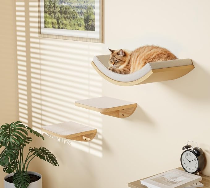 Cat Wall Shelf with Curved Hammock Bed, Wall Mounted Cat Perch with Beige Soft - Image 3