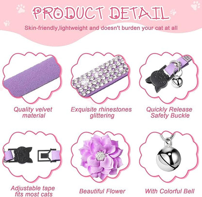 Cat Collars, Rhinestone for Girl Cats Bling Kitten Flower Adjustable Breakaway - Image 3