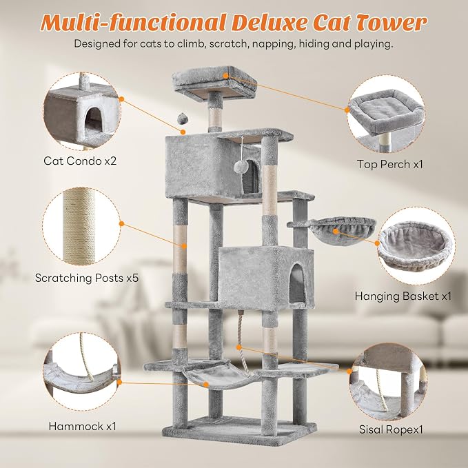 DUMOS Large 66 Inch Cat Tree Tower, Tall Multi Level Cat Climbing Tower - Image 4