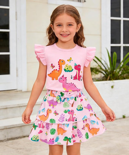 Girls Skirt Set 2 Piece Outfit Toddler Summer Clothes Ruffle Sleeve T-Shirt Bow - Image 2