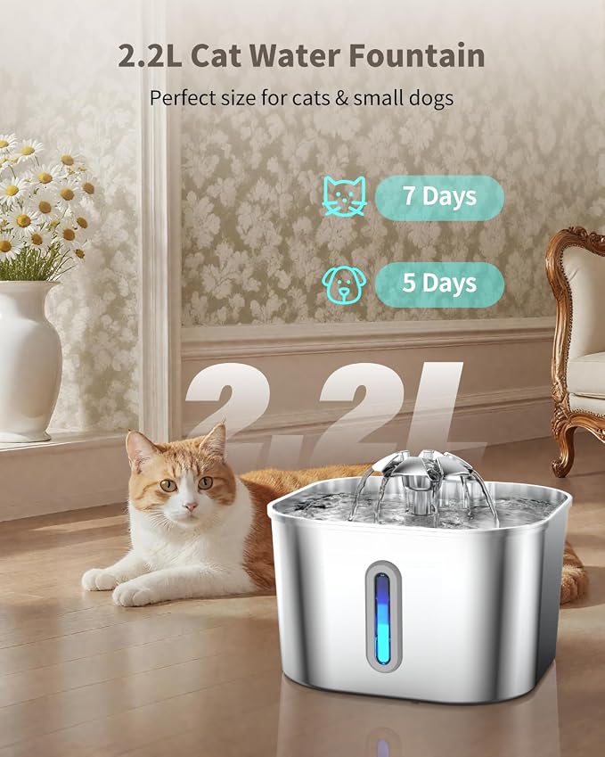 Cat Water Fountain Stainless Steel, 2.2L/74oz Cat Fountain - Image 2