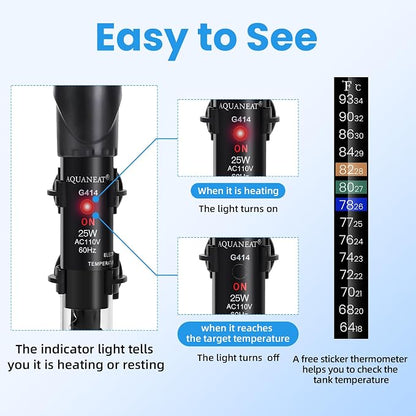 AQUANEAT Aquarium Heater, 25W Fish Tank Heater, Adjustable Submersible Water - Image 7