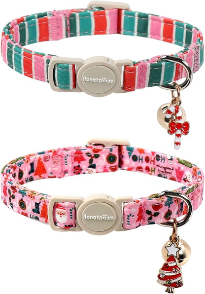 Lionet Paws 2pcs Pack Christmas Cat Collar, Ho Christmas Tree & Pink Stripes by lionetpaws