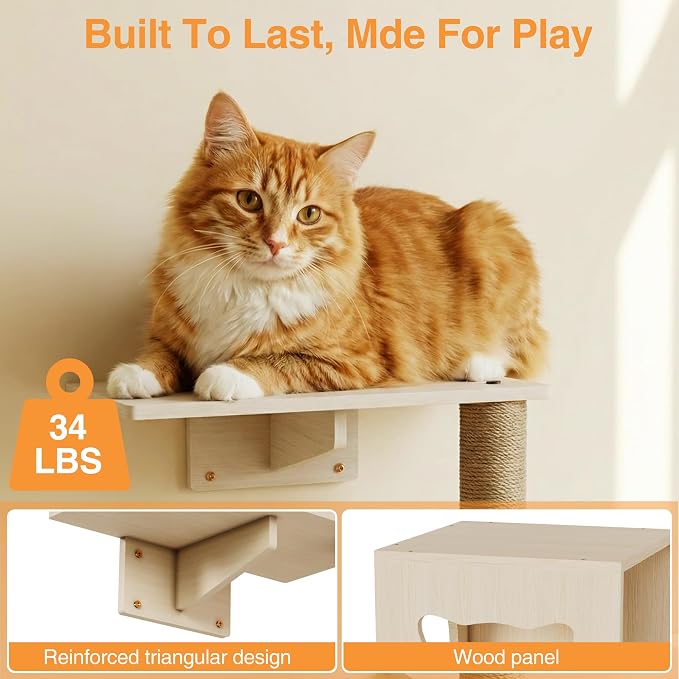 Cat Wall Shelves, Wooden Multi-Level Cat Climbing Furniture, Sisal Scratcher - Image 4