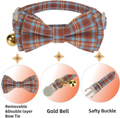2 Pack Cotton Cat Collar, Removable Bowtie, Plaid Pattern, Safety Breakaway - Image 4