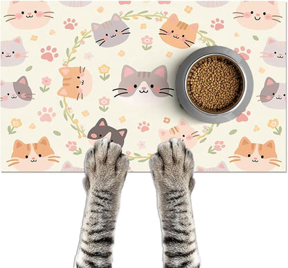 Cat Feedings Mats 20x12 inch Beige Cat Print Pet Bowl Placemat Non Slip Mat by HOMETITUTE