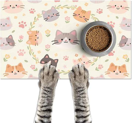 Cat Feedings Mats 20x12 inch Beige Cat Print Pet Bowl Placemat Non Slip Mat by HOMETITUTE