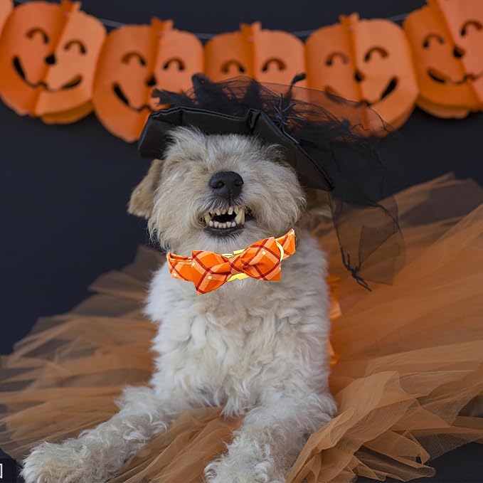 Fall Dog Collar, Pet Collar Bow Orange Plaid Collars Girl Boy Holiday Pet - Image 3