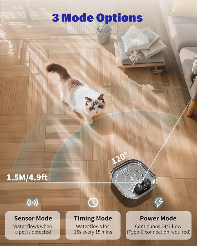 Wireless Cat Water Fountain Stainless Steel 3.2L/108oz, Battery Operated Pet - Image 4