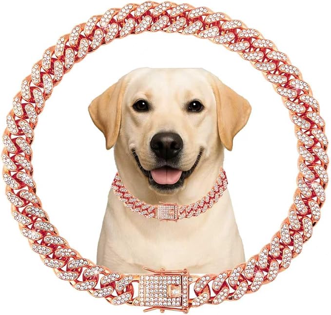 Dog Collar Cuban Link Rose Glod Crystal Dog Necklace Metal Chain Collar by Unknown