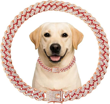 Dog Collar Cuban Link Rose Glod Crystal Dog Necklace Metal Chain Collar by Unknown