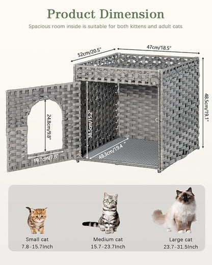 Cat Litter Enclosure with Hidden Litter Mat and Rattan Cat House, Supports Two - Image 5