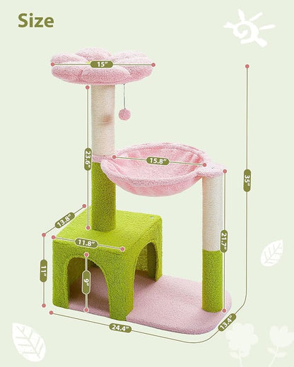 Flower Cat Tree with Large Metal Frame Hammock, Cat Condo with Pink Top Perch - Image 7