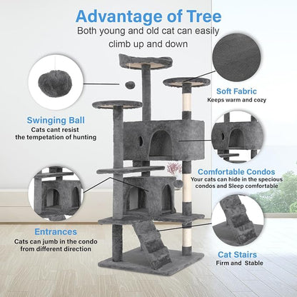 FDW | 54" Cat Tree Tower | Light Gray | Multi-Level Indoor Activity Center - Image 3