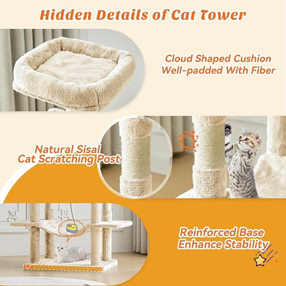 Large Cat Tree 66 Inch, Sisal Scratching Posts and Hammock, Pet Play House - Image 3