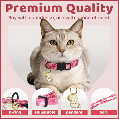 Valentine Cat Collar-2 Pack Collars Red and Pink Love-Heart Print Breakaway - Image 2