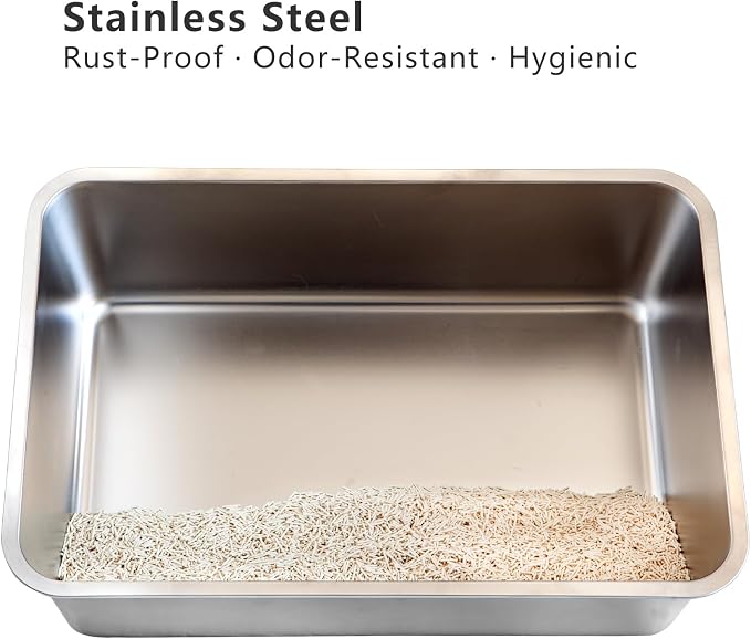 2-Pack Stainless Steel Cat Litter Boxes, Includes Catnip Fish Toy & Wand - Image 3