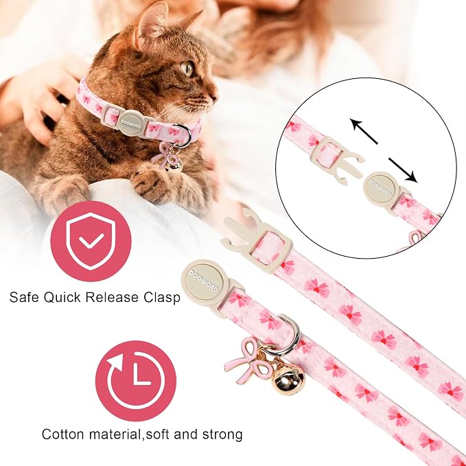 2 Pack Cotton Breakaway Cat Collar Pink and Black Heart Shaped Pendant Cute - Image 3
