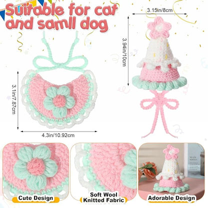 Sanwuta 2 Pcs Cat Birthday Party Supplies, Knit Cat Hat Kitten Birthday Bib - Image 3