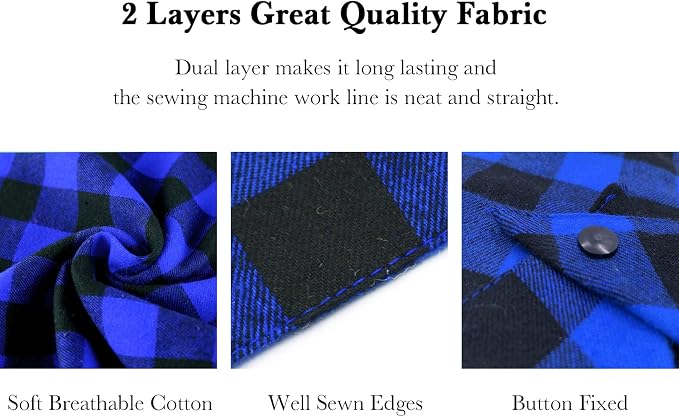 Plaid Dog Bandana with Button, Dual Layer Soft Cotton Triangle Dog Scarf - Image 5