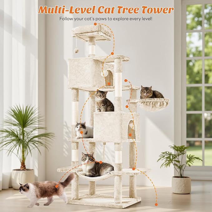Large Cat Tree 66 Inch, Sisal Scratching Posts and Hammock, Pet Play House - Image 5