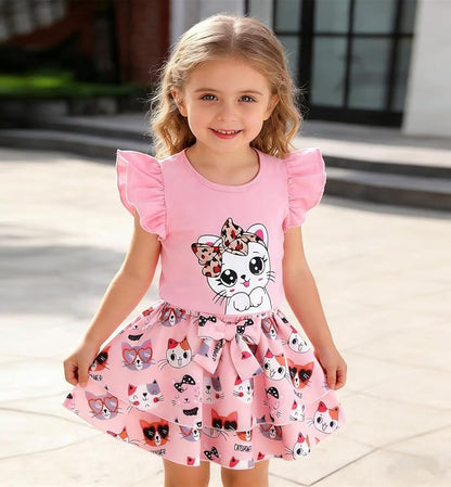 Girls Skirt Set 2 Piece Outfit Toddler Summer Clothes Ruffle Sleeve T-Shirt Bow - Image 3