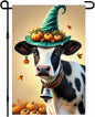 Happy Fall Garden Flag Halloween Flag Cute Cow Calf 12x18 Inch Witch Hat by BlissYard