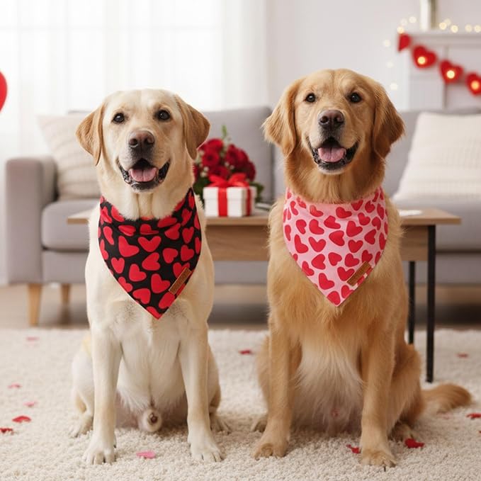 ADOGGYGO Valentine Dog Bandana 2 Pack, Reversible Red Pink Heart Pet Scarf Bib - Image 3
