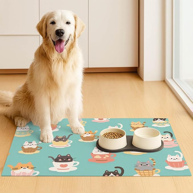 Cat Feedings Mats 20x12 inch Teacup Cat Print Pet Bowl Placemat Non Slip Mat - Image 3