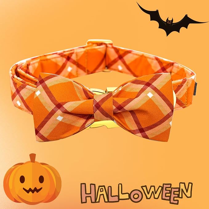 Fall Dog Collar, Pet Collar Bow Orange Plaid Dog Collar Girl Boy Holiday Pet - Image 4