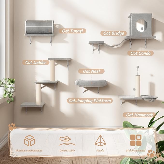 7-in-1 Cat Wall Shelves, Wall Mounted Cat Climber Set, Cat Furniture - Image 2