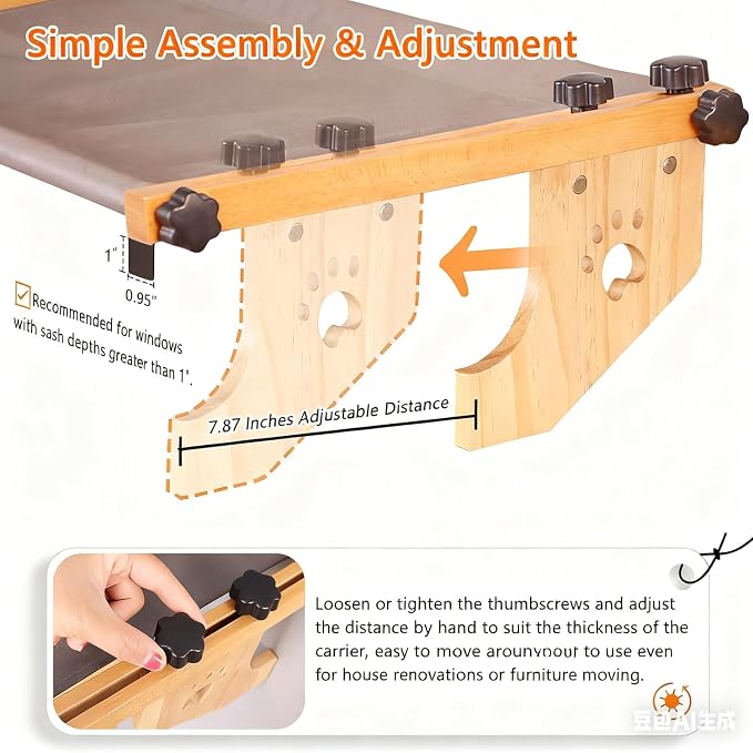 Cat Window Perch- Adjustable Sill Fit, Renter-Safe, Wood-Metal Frame Sturdy - Image 4