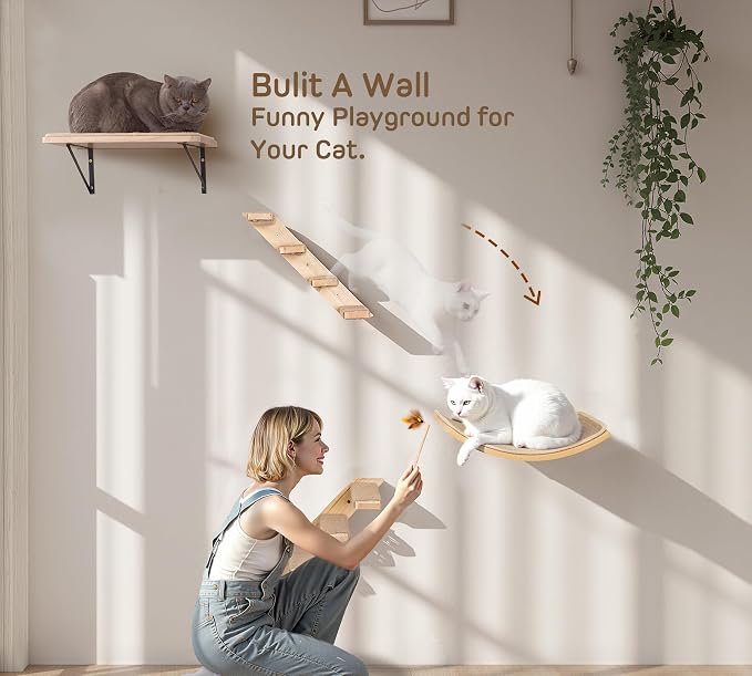 Cat Wall Shelves Set with Sisal Cats Window Perch, 4 Piece Wood Climbing - Image 2