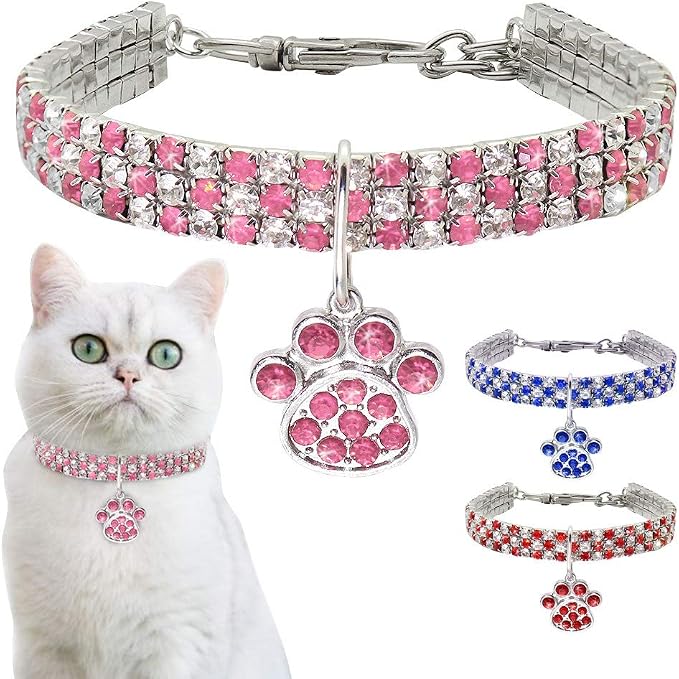 Pet Collar with Diamonds, Adjustable Crystal Diamond Elastic Heart Claw Pendant - Image 3