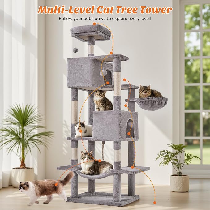 Large Cat Tree 66 Inch, Sisal Scratching Posts and Hammock, Pet Play House - Image 5