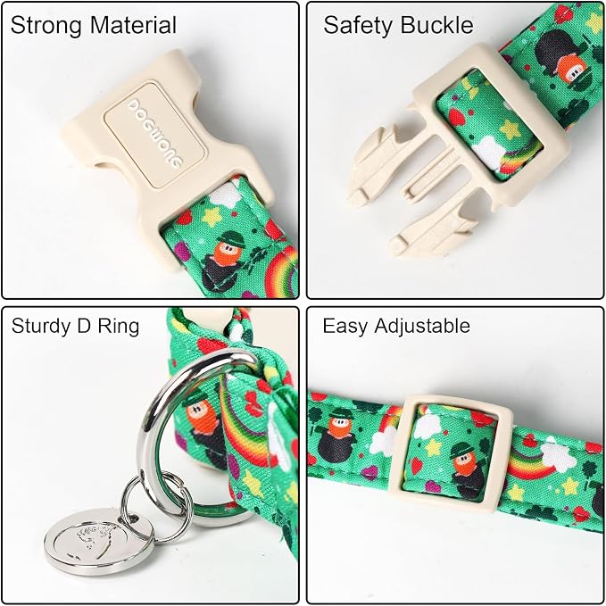 DOGWONG St. Patrick's Day Dog Collar, Lucky Clover Shamrock Green Dog Collar - Image 3