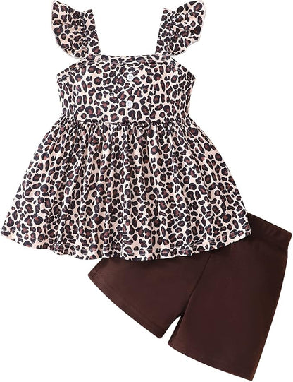 Toddler Baby Girls Summer Clothes Outfits Ruffled Sleeve Dinosaur Shirt Leopard by Popshion
