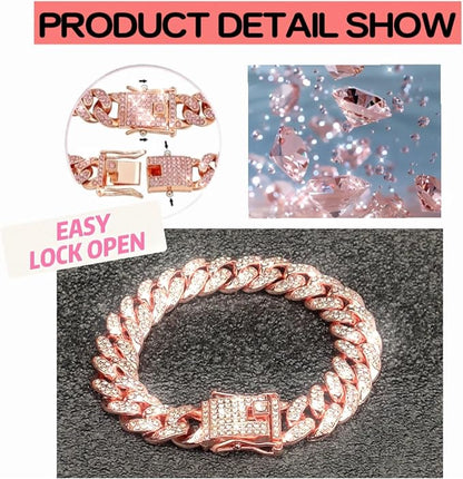 Cuban Link Dog Chain Collar Rose Gold Crystal Dog Necklace Metal - Image 5