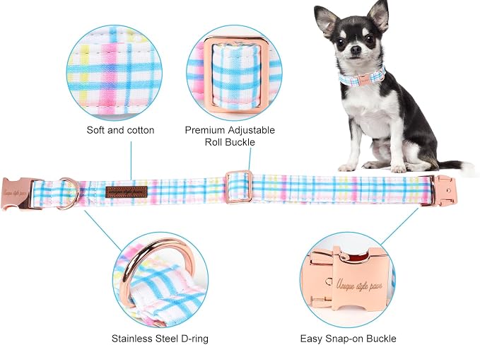 Unique style paws Dog Collar Metal Buckle Blue Pink Grid Collar Gift Durable - Image 2