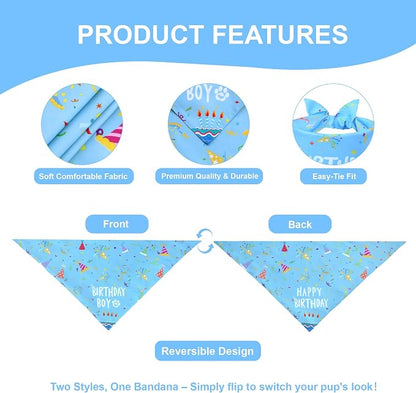 Dog Birthday Bandana Boy for Medium Large Dogs, Reversible 2 Patterns in 1 - Image 3