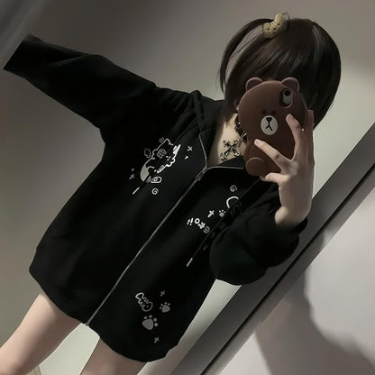 Womens Y2K Zip Up Cute Graphic Hoodies Cat Ears Casual Cartoon Harajuku Kawaii - Image 5
