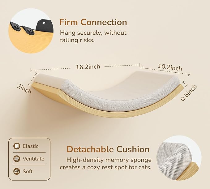 Wood Cat Wall Shelf with Soft Foam Cushion, Curved Cats Wall Bed - Image 5