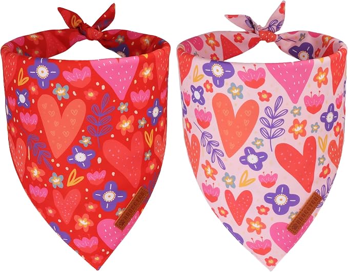 ADOGGYGO Valentines Dog Bandana 2 Pack, Heart and Floral Print Pet Scarf Bib by ADOGGYGO