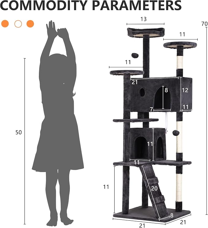 BestPet | 70" Cat Tree Tower | Dark Gray | Sturdy, Hanging Cat Toys, - Image 7