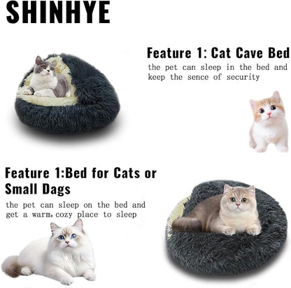 ShinHye Cat Bed Round Plush Fluffy Hooded Cat Bed Cave, Cozy - Image 4