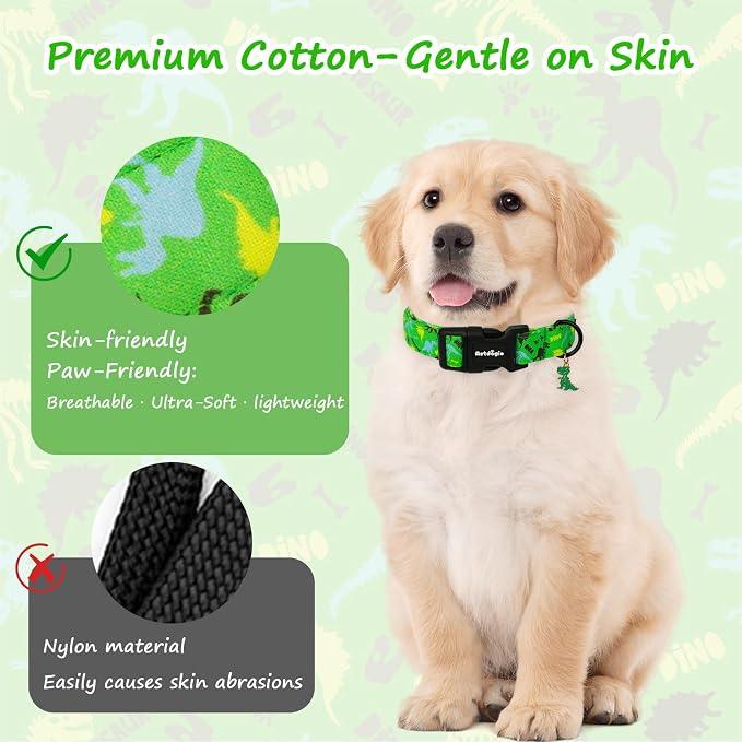 Dinosaur Dog Collar，Green with Multicolor Dino Pattern Handmade Cotton Collar - Image 4