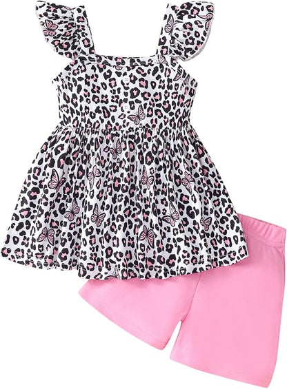 Toddler Baby Girls Summer Clothes Outfits Ruffled Sleeve Dinosaur Shirt Leopard by Popshion