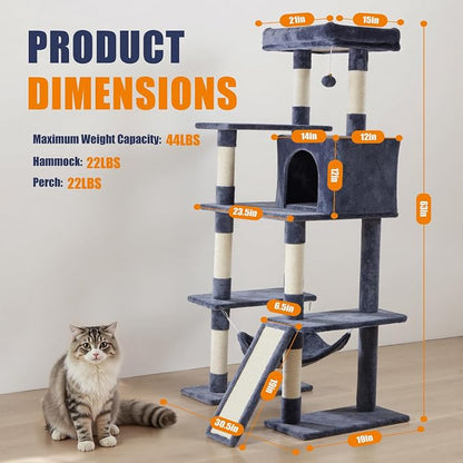 DUMOS Large 63in Cat Tree Tower, Natural Sisal Scratching Posts, Extended - Image 2