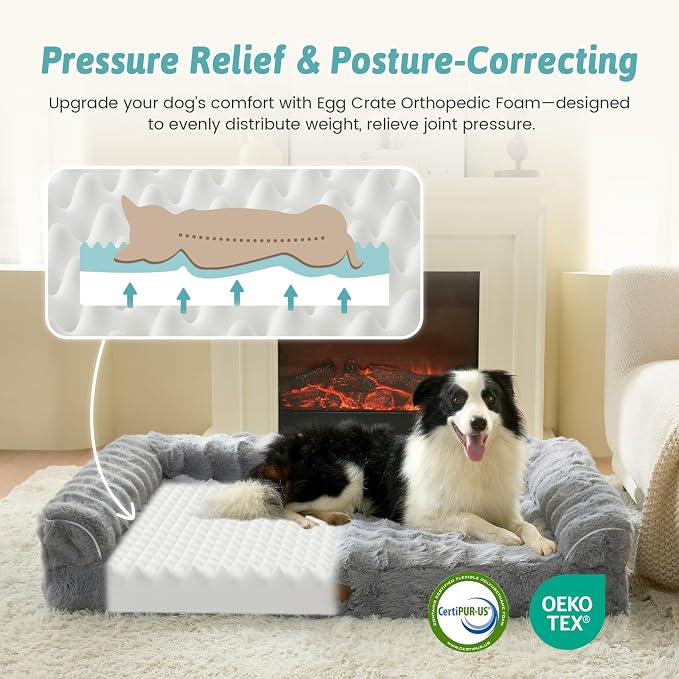 Faux Fur Orthopedic Dog Bed, Super Soft Large Dog Bed, Supportive Foam Bolster - Image 2