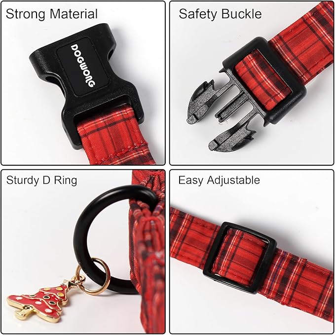 DOGWONG Christmas Plaid Dog Collar, Cute Adjustable Red Collar - Image 3